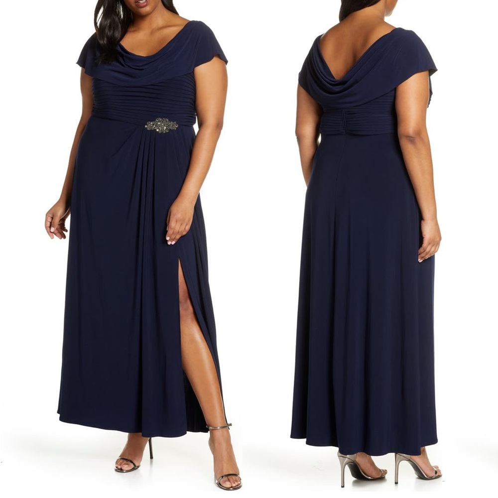 Alex Evenings Cowl Neck Beaded Waist jersey Gown size 16W